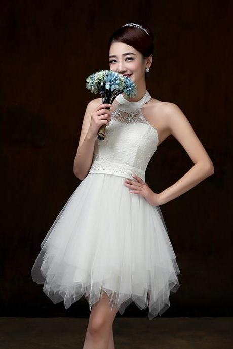 Evening Party Halter White Color Beading Prom Tutu Bridesmaid Dress