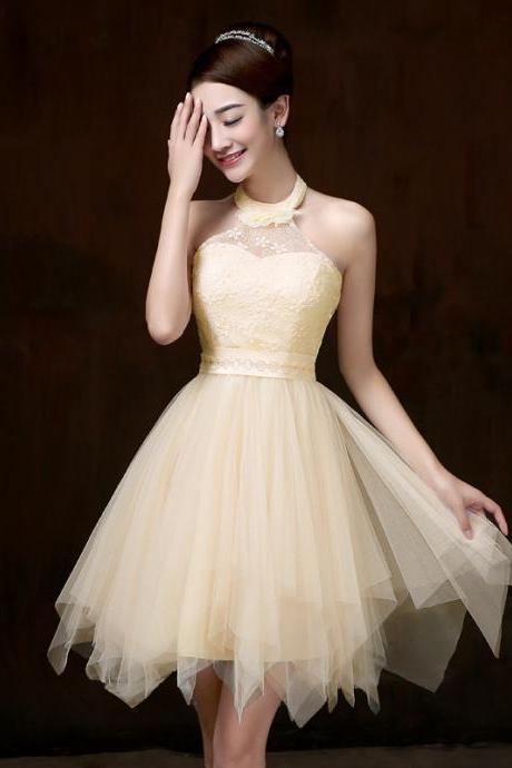Evening Party Halter Light Yellow Color Beading Prom Tutu Bridesmaid Dress
