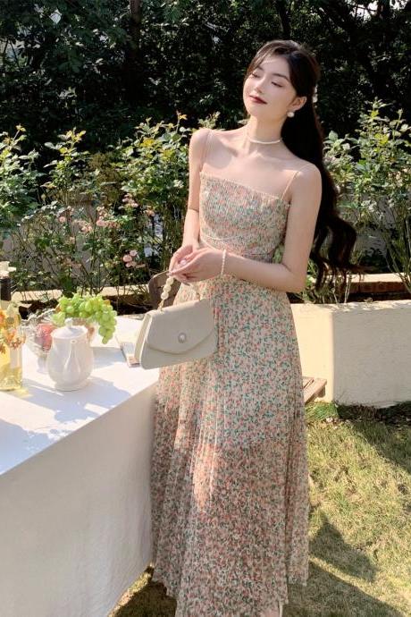 Holiday Women Floral Printed Waist Spaghetti Strap Long Pleated Dress