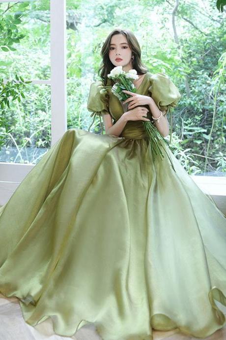 Princess Bridesmaid Temperament Puff Sleeve Prom Avocado Green Tulle Long Dress