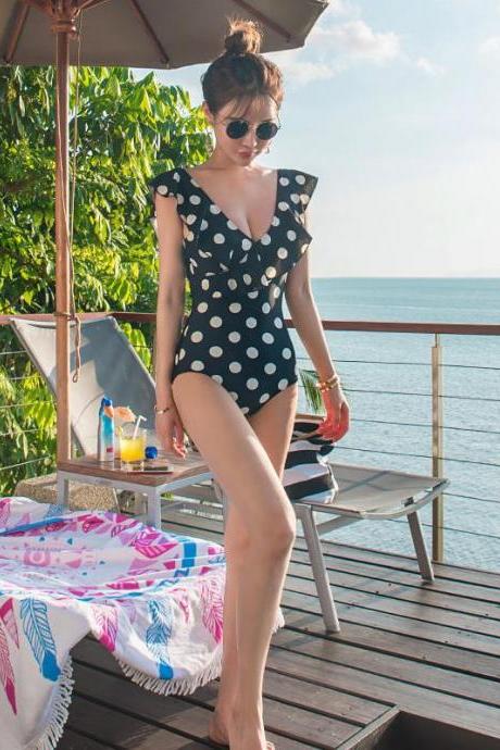 Sweet Cute Vintage Pleated Shoulder Polka Dot Swimsuit Sexy One Piece Swimwear