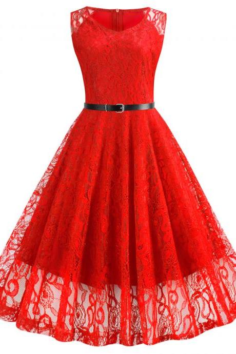 Retro Sexy Sleeveless Round Neck Floral Lace Long A-line Dress W/ Belt