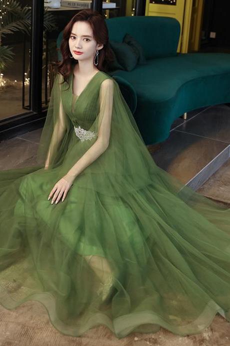 Luxury High End Temperament Banquet Green Sleeveless Long Fairy Evening Prom Dress