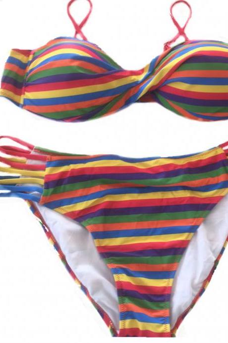 Multicolor Rainbow Swim Swimming Two Pieces Striped Sexy Push Up Multi Strap Bikini