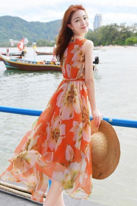 Holiday Beach Dress Women Large Size Boho Long Sleeveless Floral A Line Dress