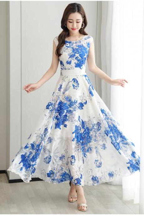 Temperament Elegant Big Swing Floral Waist Sleeveless Large Size Fairy Long Dress