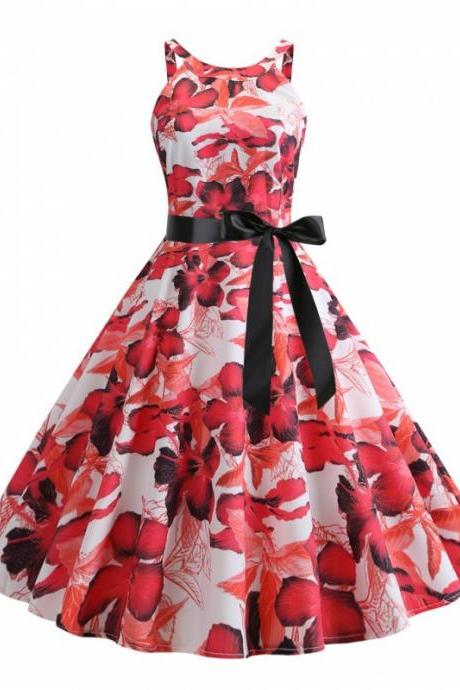 Retro 50s Style Stitching Slip Halter Neck Sling Floral A Line Skirt Dress