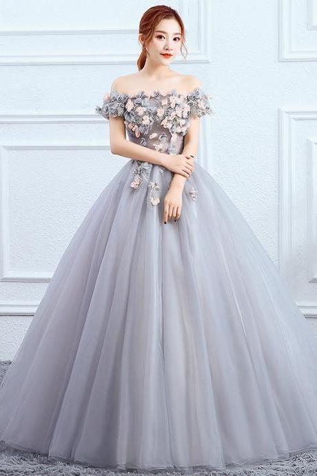 Elegant Evening Stage Off Shoulder Floral Embroidered A line Princess Skirt Long Dress Ball Gauze Gown
