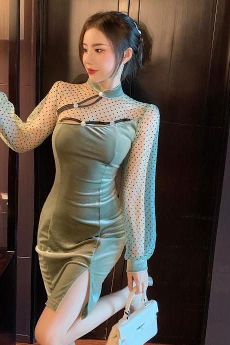 New Sexy Stand Collar Cheongsam Style Waist Hip Mesh Stitching Velvet Side Slit Mini dress