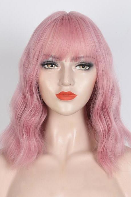 Fashion Women Wig Pink Curly Wavy Shoulder Length Hair Cosplay Costume Full Wigs
