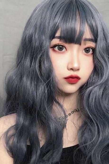 Cute Sweet Women blue gray Long Wave Curly Hair Full Headgear Fashion Head Wigs
