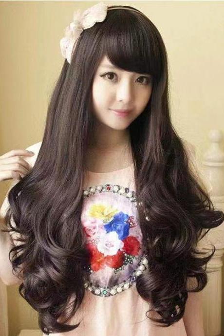 High Quality Soft Slanted Bangs Long Curly Hair Beauty Women Party Wig Wigs