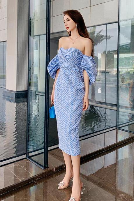 Sexy Women Tube Top Off Shoulder Blue Striped Backless Puff Sleeve Wrap Bust Ruffled Dress