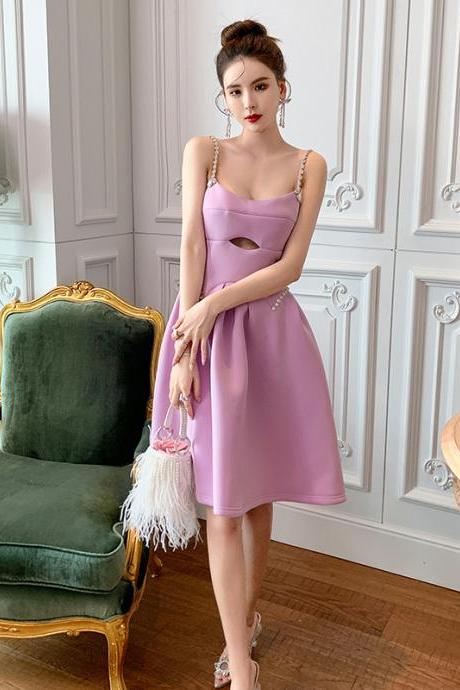 Chic Elegant Women Purple Spaghetti Strap Waist Front Hollow A Line Party Dress