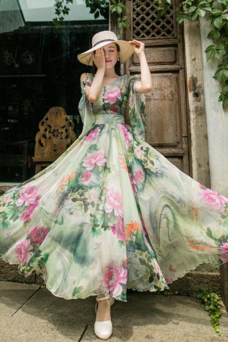 Trendy Summer Short Sleeve Floral Printed Faux Georgette Maxi Large Swing Dress