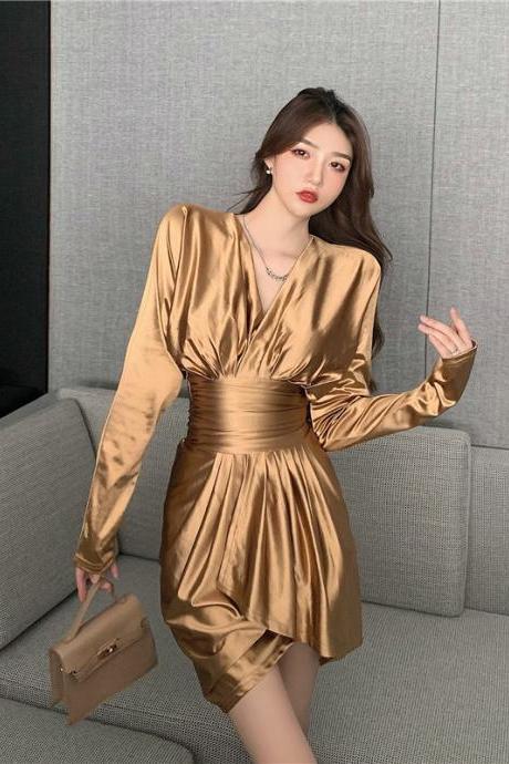 Sexy V Neck Irregular Long Sleeved High Waist Golden Gold Color Pleat Dress