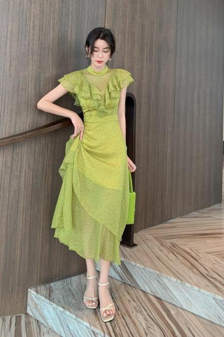 Summer Women Green Ruffles Spliced Sleeveless Waist Polka Dot Pleated Long Dress