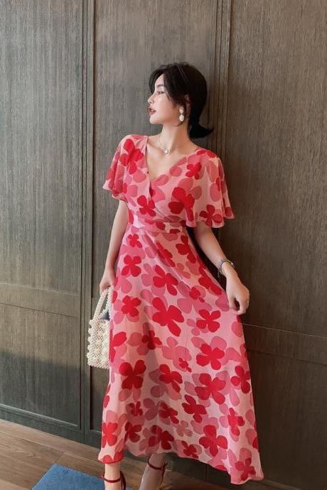 Boho Holiday Summer Chiffon V Neck Backless Red Floral Maxi Long Wrap Dress