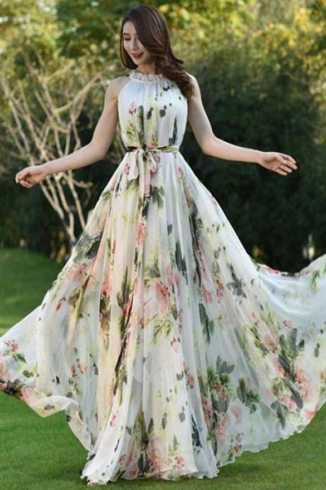 Fairy Summer Beach Seaside Trendy Charm Women Halter Neck Long Big Swing Floral Maxi Dress Gown
