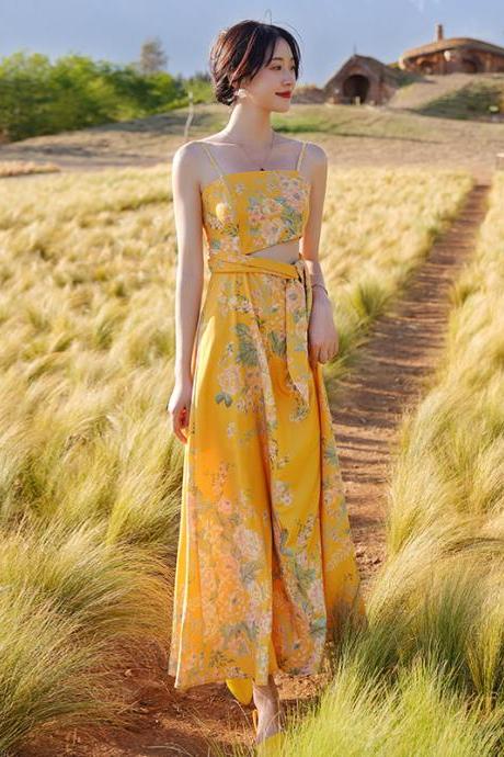 Beautiful Shiny Sweet Women Yellow Oil Painting Printed Sling Strap High Waist Long Dress