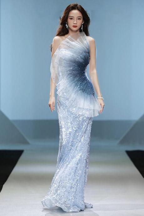 Elegant Beauty Ladies Gradient Blue Color Change Tube Top Off Shoulder Fishtail Show Evening Dress