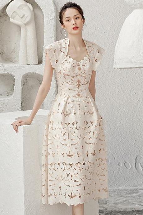 Sexy Temperament Sundress Vestidos Party Beige Floral Printed Mid Length Lace Hollow Dress