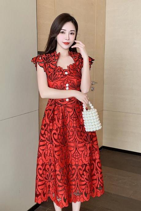 Sexy Attractive Sundress Embroidery Vestidos Party Red Floral Printed Mid Length Lace Hollow Dress