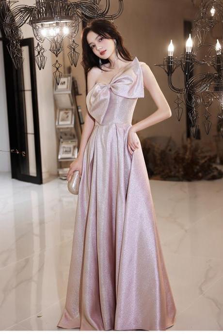 Temperament Chic Ladies Pink One Shoulder Big Bow Sleeveless Banquet Evening Prom Long Dress