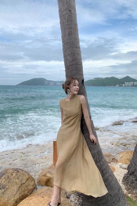 Stylish Temperament Back Bow Tie Holiday Beach High Backless Sleeveless Banquet Party Light Brown Long Dress