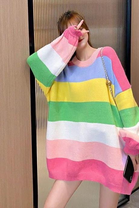 Trendy Rainbow Striped Loose Large Chic Women knitted Long Sleeved Round Neck Top Sweater