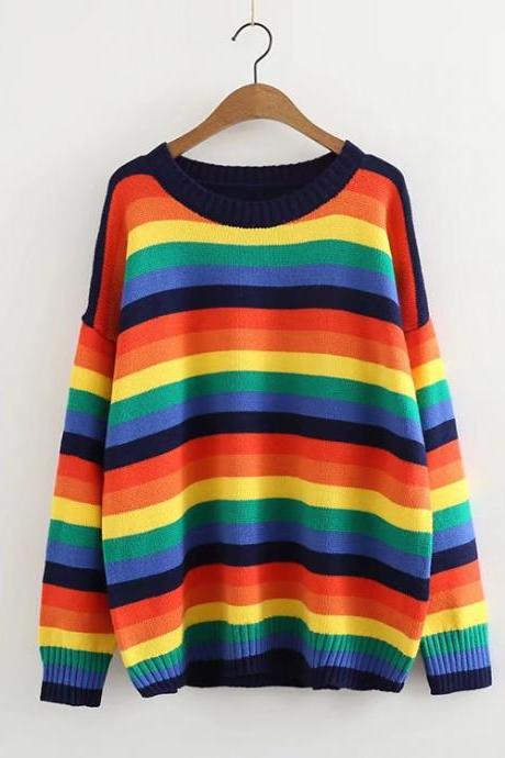 Rainbow Color Striped Round Neck Long Sleeve Loose Fit Pullover Size Sweater