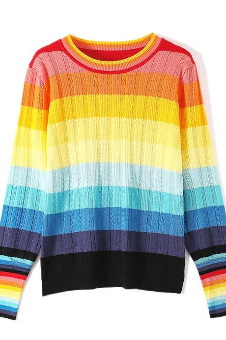 Spring Rainbow Color Soft Jumper Striped Round Neck Long Sleeved Loose Fit Pullover Size Sweater Knitwear