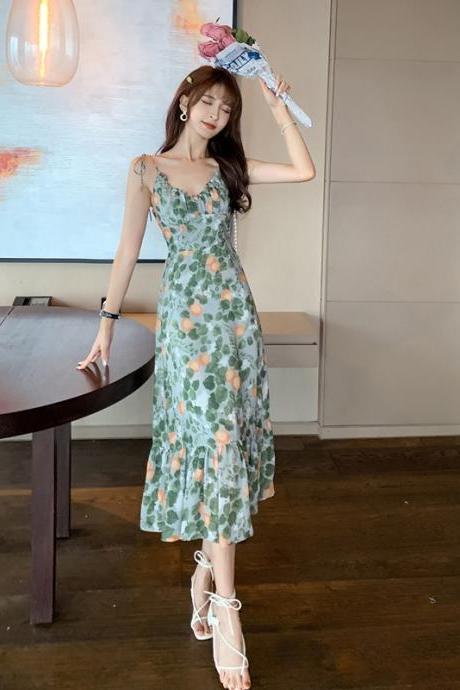 Fairy Attractive Seaside Holiday Green Floral Printed V Neck Spaghetti Strap Pleated A Line Long Dress