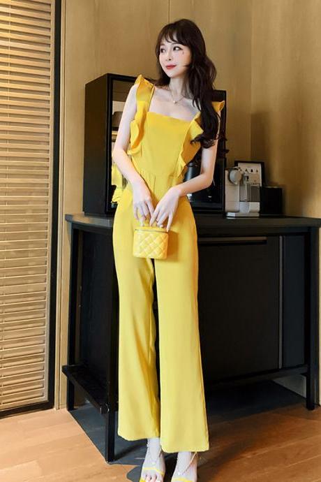 Summer Temperament Women Yellow Look Young Flare Sleeves Tops High Waist Pants Jumpsuit