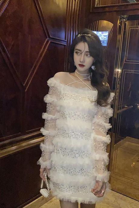 Temperament Elegant Women Fashion White Beading Ruffled Birthday Party High Waist Mini Dress