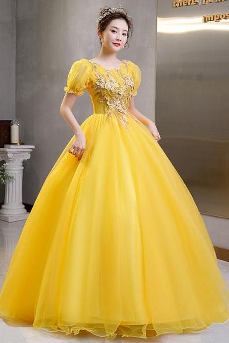 Plus Size Yellow Evening Dress Elegant Banquet Half Sleeve Embroidered Puffy A Line Princess Gauze Gown Dress