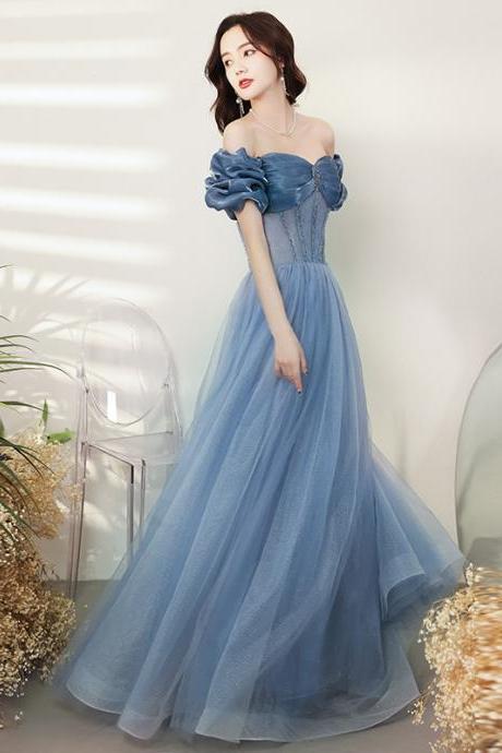 Amazing Summer Blue Off Shoulder Banquet Temperament Evening Long Gown Bridal Party Tulle Dress