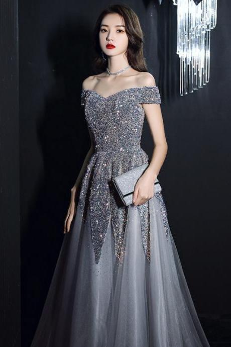 Beautiful Nice Evening Dress Banquet Temperament Sequins Off Shoulder Long Party Dress