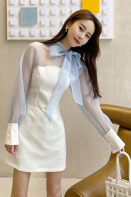 Great Look Spring Office Fashion Temperament Neck Bow Long Sleeved High Waist Mini Dress