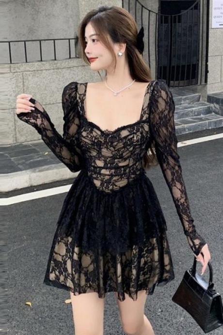 Great Perfect Pretty Elegant Ladies Lace Sexy Square Collar Long Sleeves High Waist A Line Dress