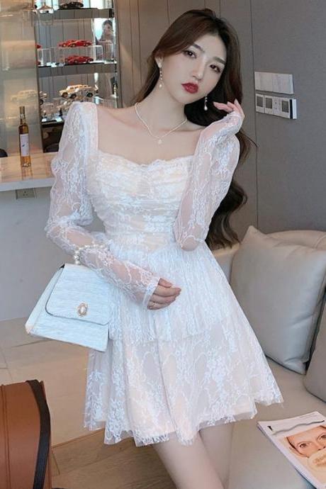 Amazing Sweet Sexy Elegant Temperament Lace Square Collar Long Sleeves A Line Dress