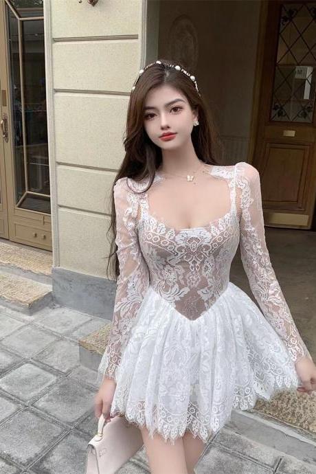 Great Look Temperament Ladies Lace Sexy Square Collar Long Sleeves High Waist A Line Dress