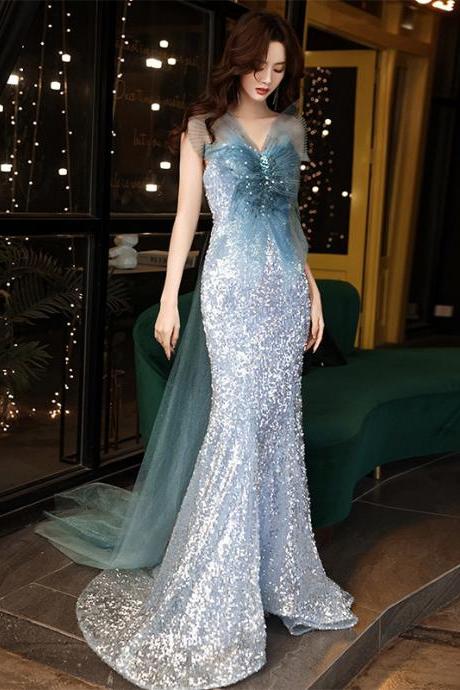 Stunning Starry Plus Size Blue Mermaid Sequined Luxury Back Big Mesh Bow Fairy Women Dress