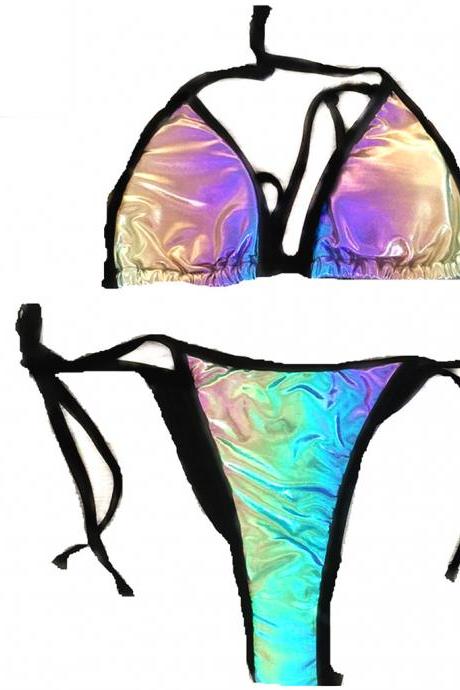 Multicolor Gradient Color Triangle Comfortable Fit Sexy Wrinkled Halter Bikini