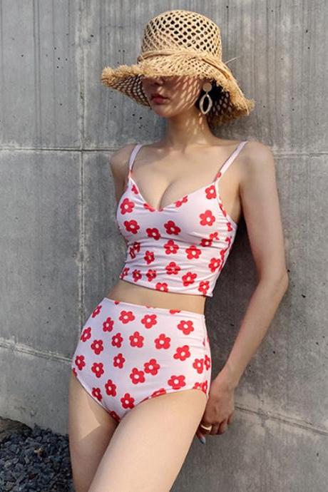 Lovely Cute Style Floral Flower Printed Two Pieces High Waist Women Swimsuit