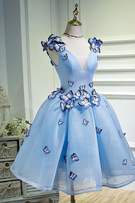 Gorgeous Evening Women Sky Blue Retro V-Neck 3D Butterfly Ball Gowns Short Prom Homecoming A Line Dress