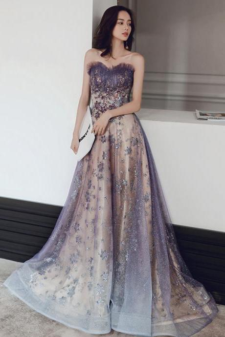 Trendy Dreamy Style Banquet Party Charming Purple Glitter Temperament Long Tube Top Floor Length Formal Dress