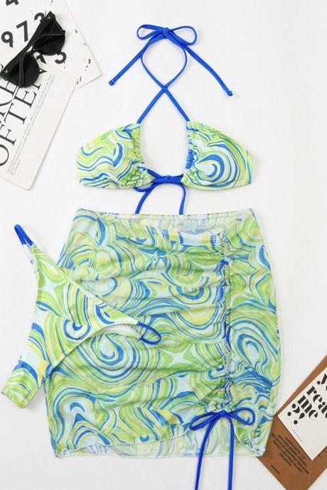 Hot Sales Low Price Good 3 in 1 Mesh Summer Beach Ladies Logo Pattern Triangle Bikini Swimsuit Swimwear