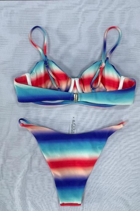 Amazing Double Sided Strip Tie Die Multi Color Colorful Printed Triangle Women Swimwear Push Up Beachwear