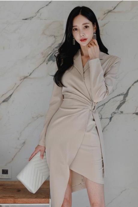 Amazing Sexy Elegant Women Long Sleeves Suit Collar Design Waist Irregular Hem Dress
